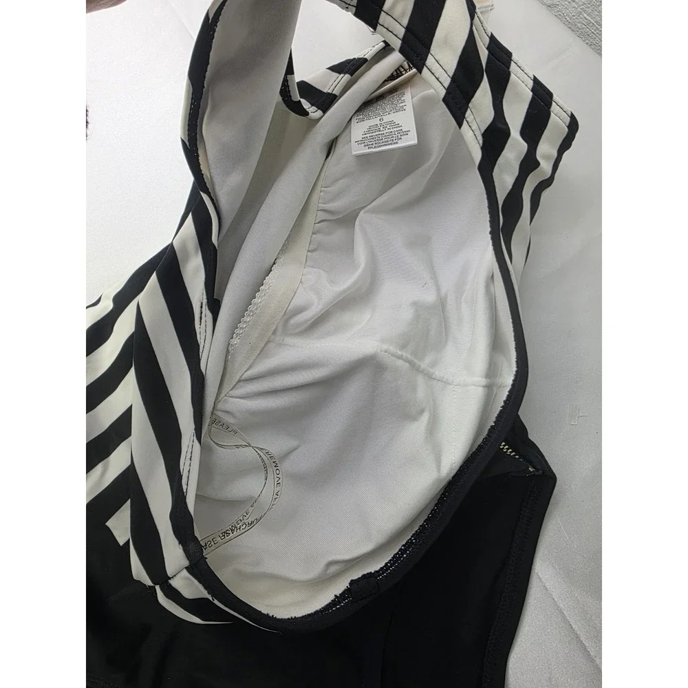 Michael Kors One Piece Swimsuit Cut Out Black White‎ Stripe Zip Size 6 NWT